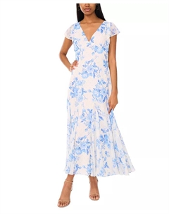 Женское платье из шифона с V-образным вырезом и расклешенными рукавами, с принтом, синий Cece