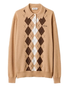Свитер с воротником поло и узором аргайл, коричневый Miu miu