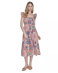 Женское платье с квадратным вырезом и рюшами на бретелях, принтованное, мультиколор Vince camuto