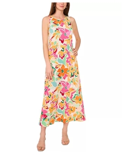 Женское цветочное макси-платье без рукавов с круглым вырезом и разрезом на спине, мультиколор Vince camuto