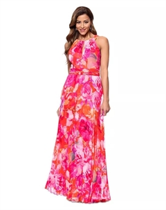 Женское платье-макси с запахом и плиссированными вставками без рукавов Printed Pleated Sleeveless Halter-Neck Gown, красный Xscape