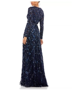 Женское платье A-line с декоративными элементами, высоким воротником и длинными рукавами в стиле illusion, синий Mac duggal