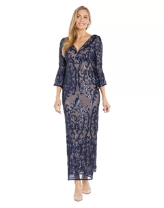 Женское платье с V-образным вырезом и расклешенными рукавами с пайетками, синий R&m richards