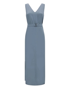 Платье с V-образным вырезом и поясом, синий Brunello cucinelli