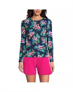 Женская расслабленная рубашка-рашгард с длинным рукавом и принтом SunShade UPF 50, синий Lands' end