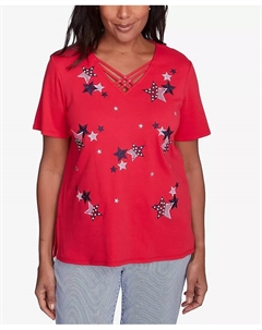 Женская футболка с V-образным вырезом и перекрещивающимися лямками "Land of The Free" с вышитыми звездами, красный Alfred dunner
