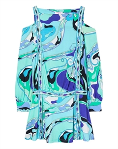 Платье с принтом и вырезом на плечах, синий Pucci