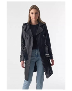 Женское пальто-тренч из натуральной кожи, черное, черный Furniq uk