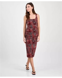 Женское платье миди с абстрактным принтом, рюшами и сетчатыми вставками, красный Bar iii