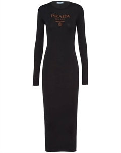 Шелковое платье миди с логотипом, черный Prada