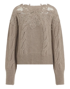 Свитер с косичной вязкой и кружевными вставками, коричневый Ermanno scervino