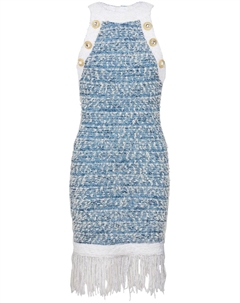 Твидовое платье мини с бахромой, синий Balmain