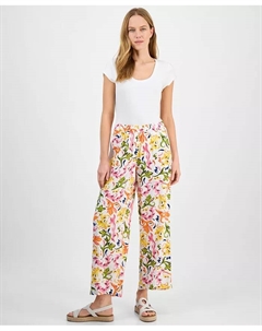 Женские льняные брюки с принтом на резинке, белый Jm collection