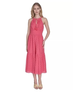 Мини-платье из хлопка без рукавов с завязкой на шее и ярусным кроем, розовый Vince camuto