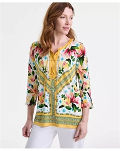 Женская блузка с принтом и шнуровкой, с рукавом 3/4, оранжевый Jm collection