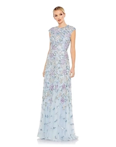 Женское платье с пайетками, высоким воротником и рукавами-фонариками силуэта А-силуэта, синий Mac duggal