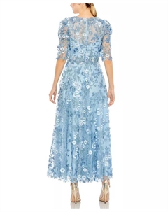 Женское платье приталенного силуэта с аппликацией, высоким воротником и пышными рукавами, синий Mac duggal