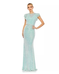 Женское платье Ieena с пайетками, высоким воротником и расклешенными рукавами, синий Mac duggal