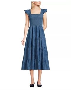 Женское платье из шамбрея со сборками и рюшами на бретелях, синий Lands' end