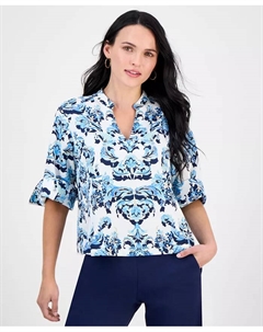 Топ с цветочным принтом, разрезом на горловине и манжетами на рукавах, Petite, синий Jm collection