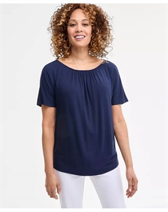 Женская блузка с коротким рукавом и плиссированной горловиной, синий Jm collection