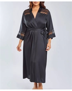 Плюс сайз шелковый эластичный сатиновый длинный халат с кружевной отделкой, черный Icollection