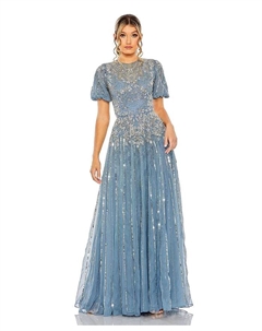 Женское платье А-силуэта с высоким воротником, пышными рукавами и декоративными элементами, синий Mac duggal