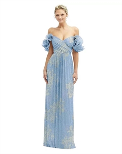 Женское плиссированное макси-платье с металлическим отливом, драматичными воланами по краю, съемными бретелями и золотым флоральным принтом, синий After  six