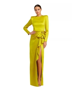 Женское длинное платье с рукавами, структурированное с драпировкой и бантом, зеленый Mac duggal