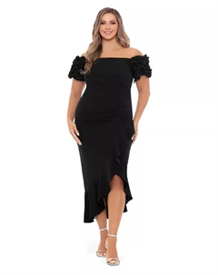 Плюс сайз платье миди с рюшами и открытыми плечами, черный Xscape
