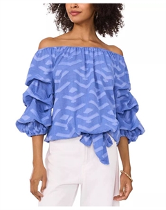 Женская блузка с фактурной отделкой, без рукавов, с пузырчатыми рукавами 3/4 длины и завязкой спереди, синий Vince camuto