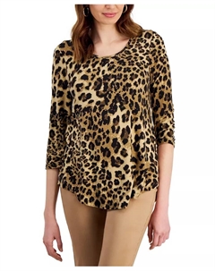 Женский топ с принтом и круглым вырезом, с рукавом 3/4, коричневый Jm collection