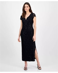 Вечернее платье Petite Sequined Lace Column Gown с кружевом и пайетками, черный Connected