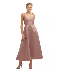 Платье миди из сатина с квадратным вырезом, пышной юбкой и карманами, коричневый/бежевый Dessy collection