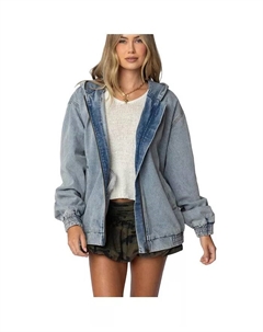 Женская худи-бомбер из денима в винтажном стиле с эффектом потертости, синий Edikted