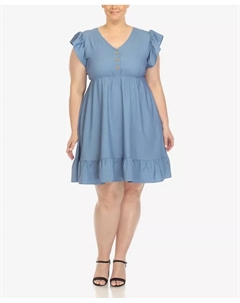 Платье с рюшами на рукавах до колена больших размеров, синий White mark