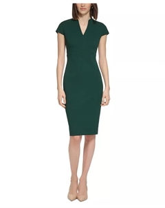 Женское платье-футляр с V-образным вырезом и короткими рукавами, зеленый Calvin klein