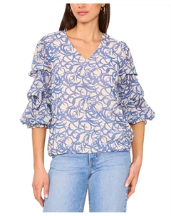 Женский топ с V-образным вырезом и рукавами-фонариками с принтом, синий Vince camuto