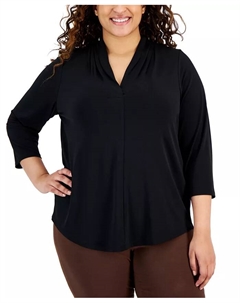 Женский топ с V-образным вырезом и рукавом 3/4, однотонный, больших размеров, черный Jm collection