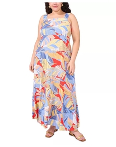 Платье макси без рукавов с квадратным вырезом и сборкой на спине в тропическом принте больших размеров, синий Vince camuto