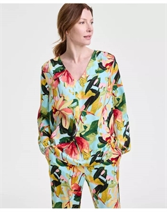 Женская блузка с V-образным вырезом и длинным рукавом из сатина с принтом, мультиколор Jm collection