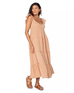 Женское хлопковое платье миди с ярусами и сборкой на спине Palmy Days, коричневый Roxy