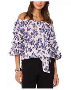 Женская блузка с цветочным принтом, офф-шoulder, с рукавом 3/4 и завязками спереди, синий Vince camuto