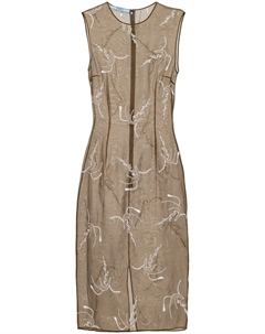 Шелковое платье миди с вышивкой, нейтральный Prada