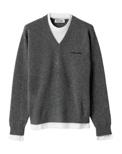 Свитер с V-образным вырезом и логотипом, серый Miu miu