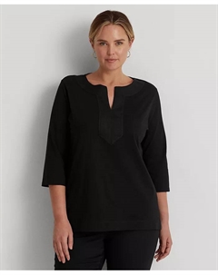 Женская туника из хлопка с разрезом на горловине и рукавом три четверти, plus size, черный Lauren ralph lauren