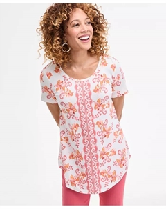 Женский топ с коротким рукавом и круглым вырезом, принт, розовый Jm collection