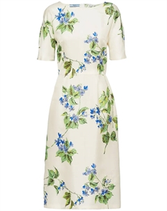 Твиловое платье с цветочным принтом, нейтральный Prada