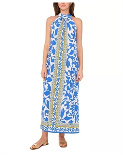 Женское безрукавное макси-платье-халтер с контрастной каймой, синий Vince camuto