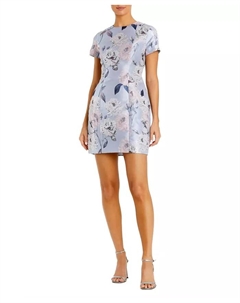 Женское мини-платье с коротким рукавом и цветочным принтом, приталенное, синий Mac duggal